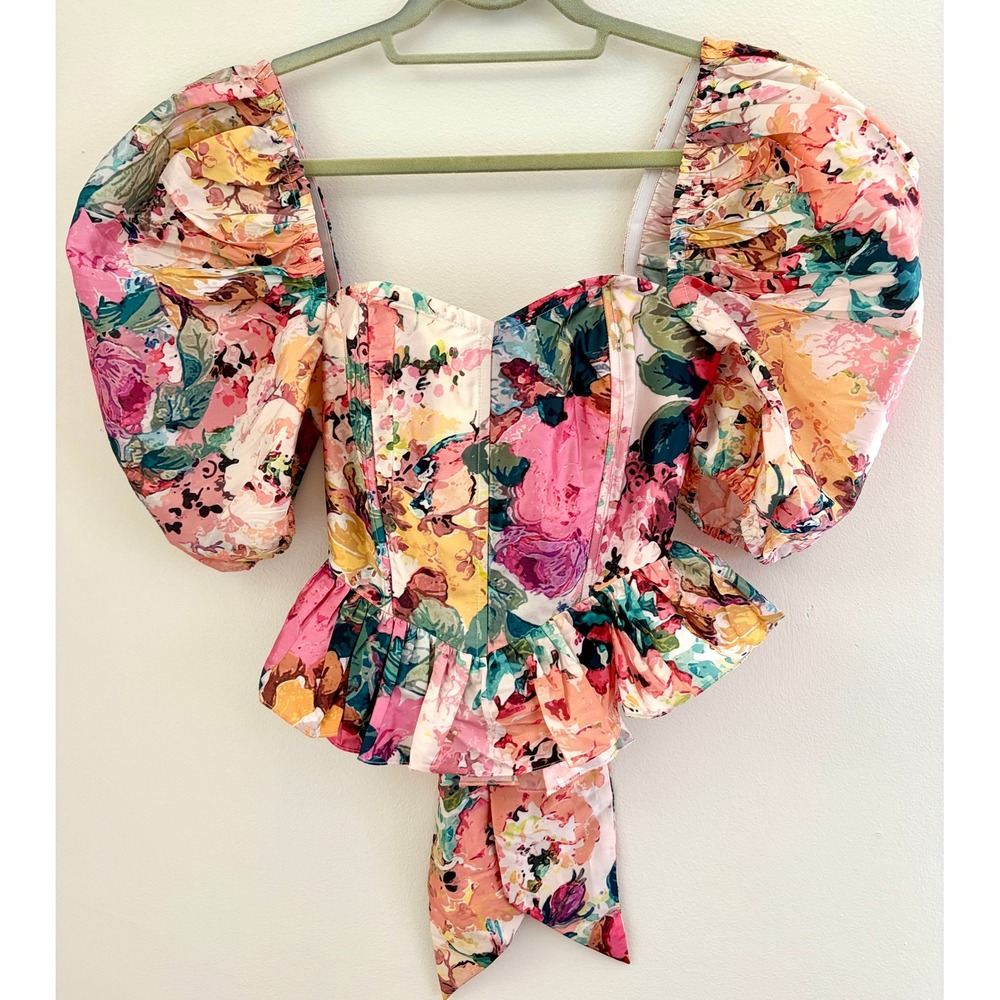 Hemant & Nandita Floral Corset Puff Sleeve Peplum Top Pink Romantic Cottagecore
